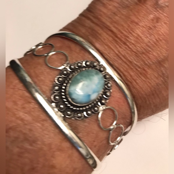 Lanleenn Jewelry - Larimar Stamped 925 Sterling Silver Cuff Bracelet